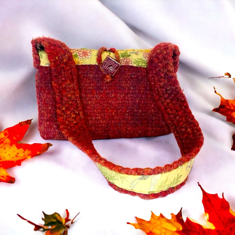 Boho Knit Burgundy Floral Lined Handmade Purse Button Closure